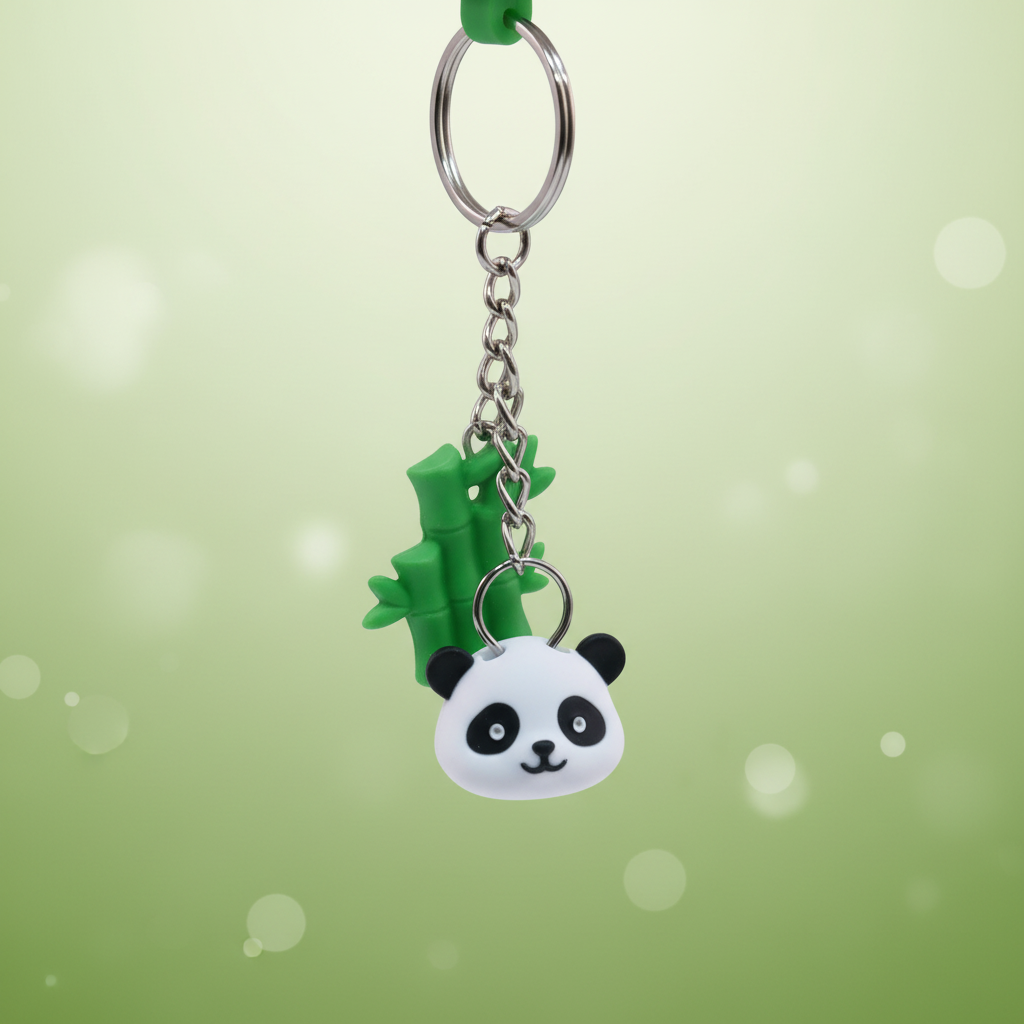 Close-up of panda face keychain charm on green bamboo background