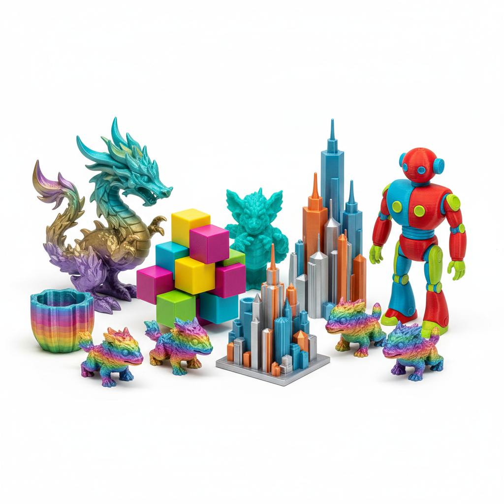 Variety of colorful custom 3D prints
