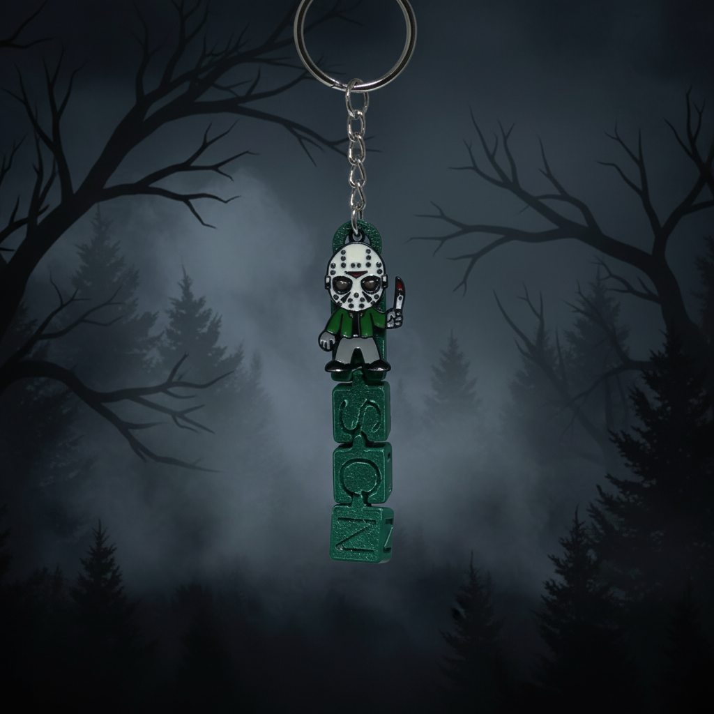 Jason letter block keychain with dark horror background