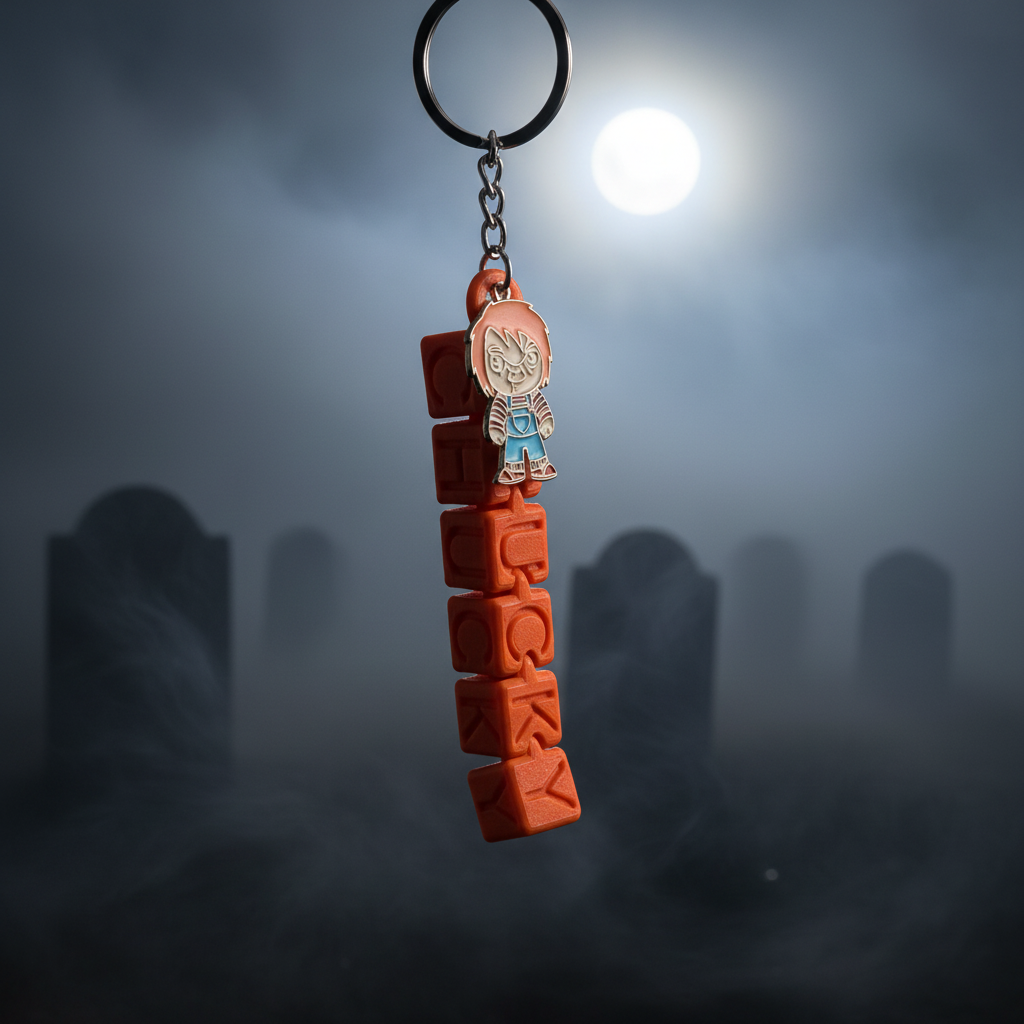 Chucky letter block keychain with misty graveyard background