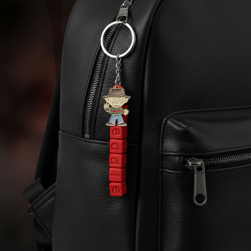 Chibi Freddy Krueger horror keychain with red letter blocks hanging from bag, dark orange atmospheric background