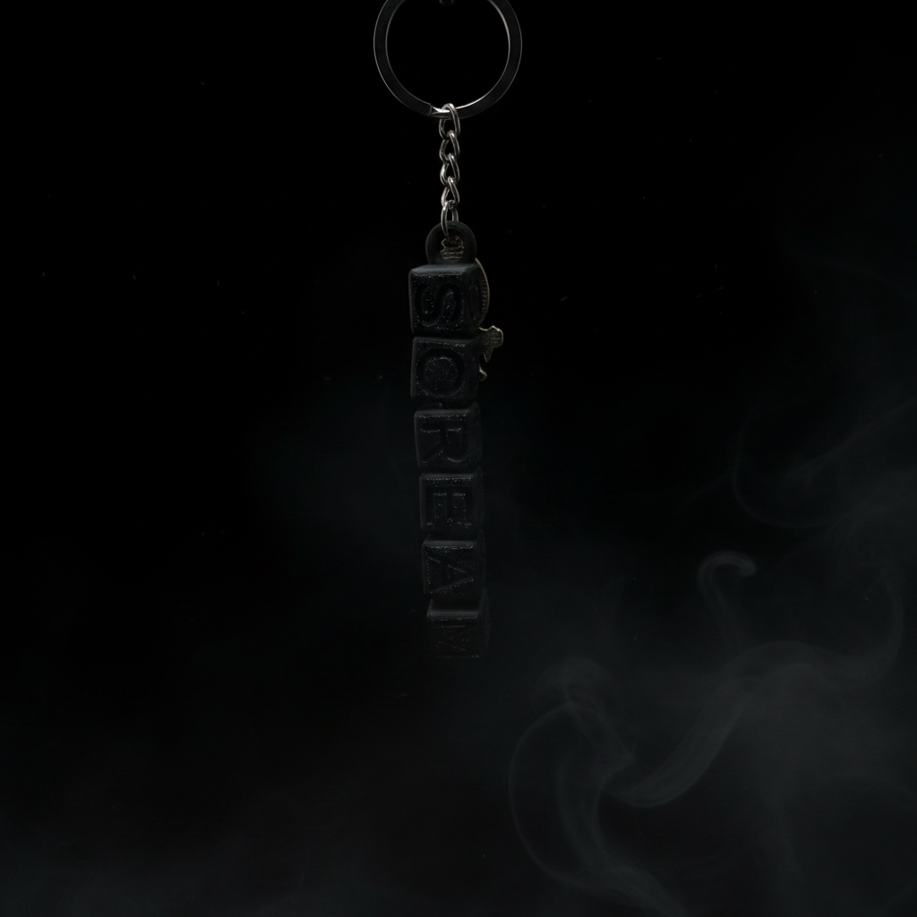 Ghostface keychain text tag dark version on pitch black background