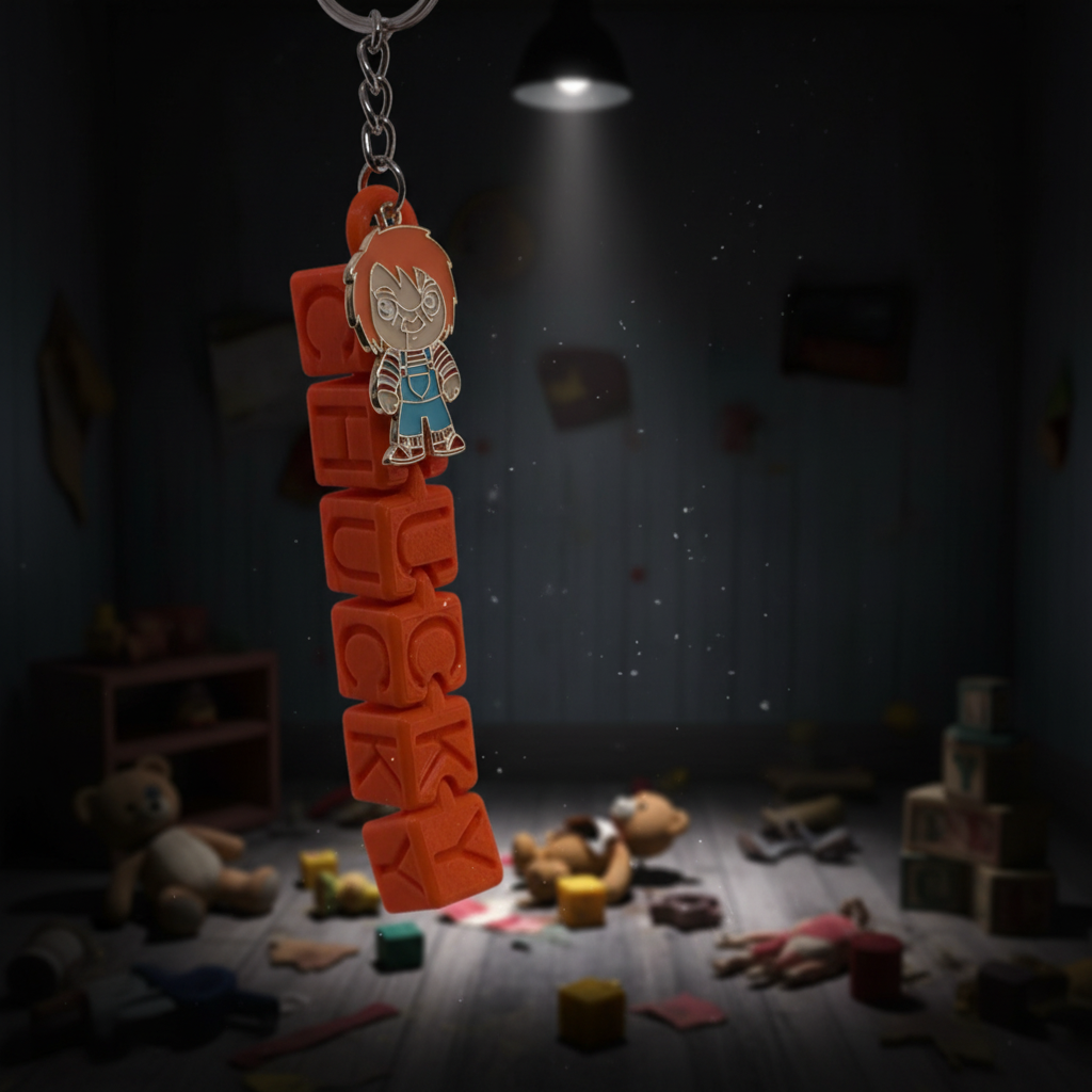 Chucky letter block keychain with creepy playroom background