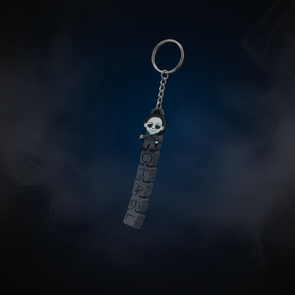 Chibi Michael Myers keychain no stand on midnight blue foggy background