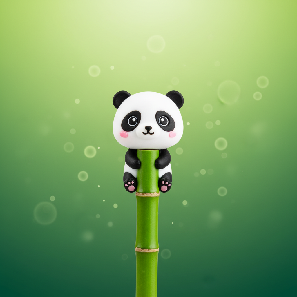 Chibi panda straw topper on green bamboo background