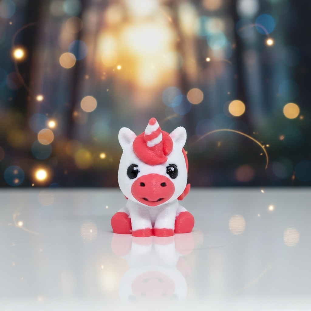 Tiny Hooves micro 3D printed unicorn in enchanted forest with fireflies