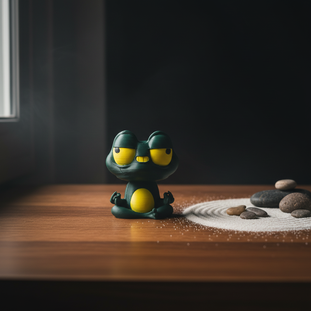 Zenko grumpy zen frog bobblehead on desk with zen garden