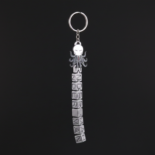 Chibi Slender Man keychain with SLENDER MAN silver text tag on dark charcoal background