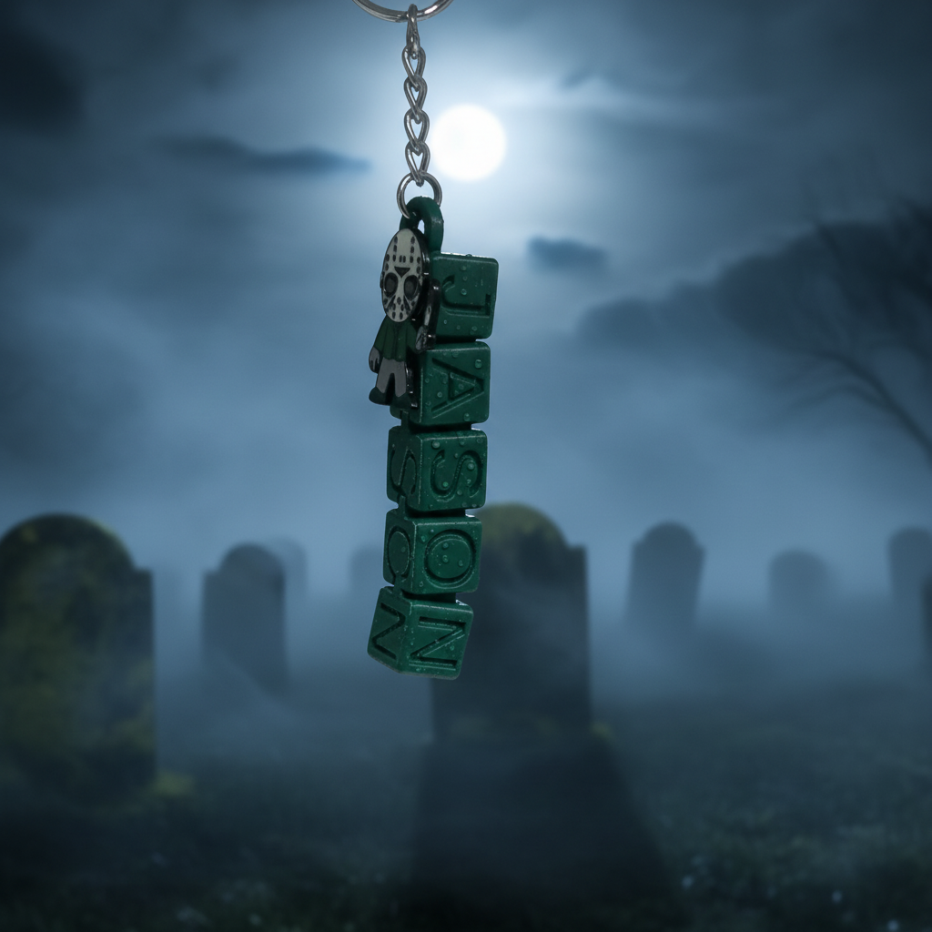 Jason letter block keychain with misty graveyard background