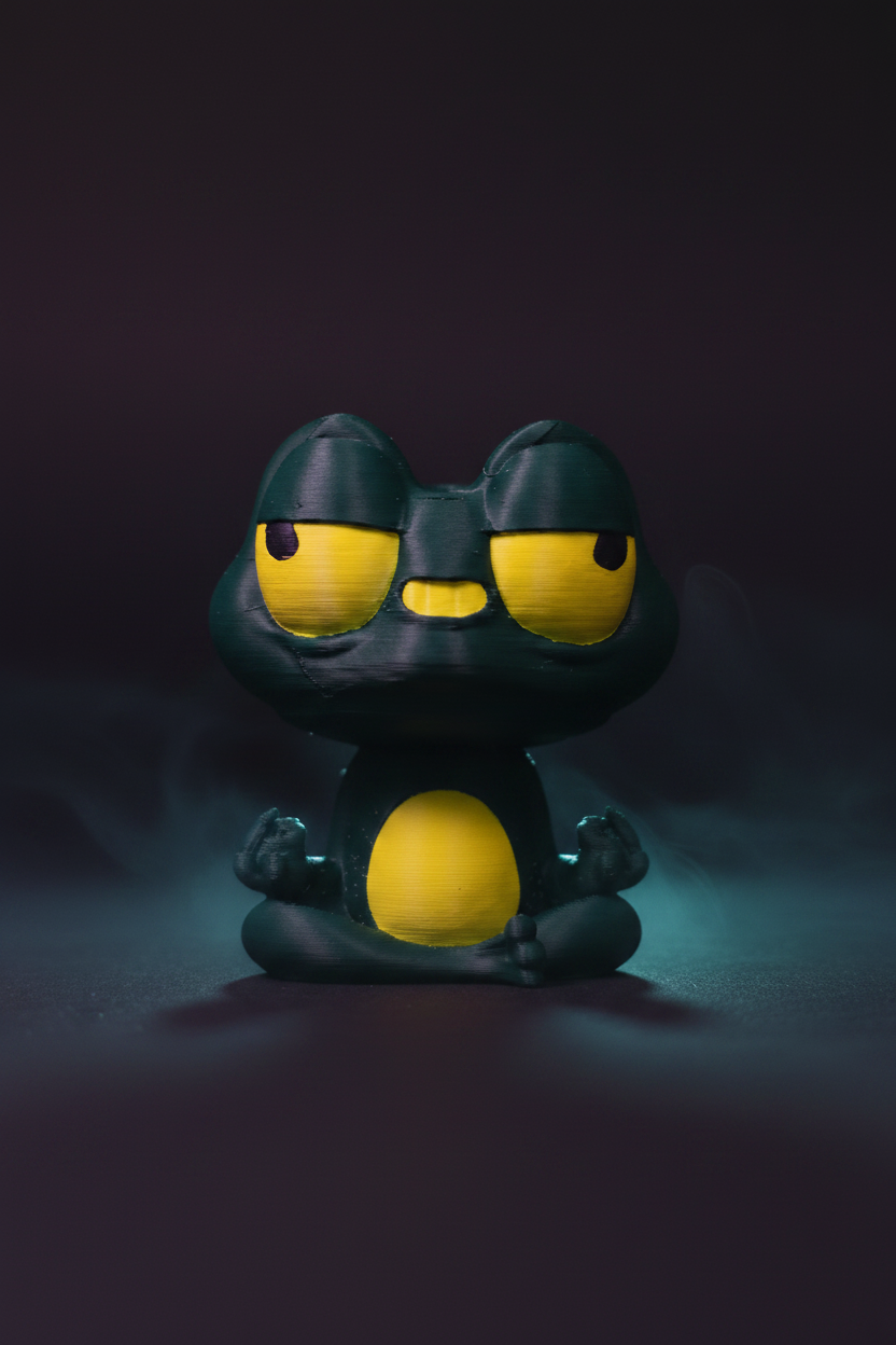 Zenko grumpy zen frog bobblehead cinematic shot